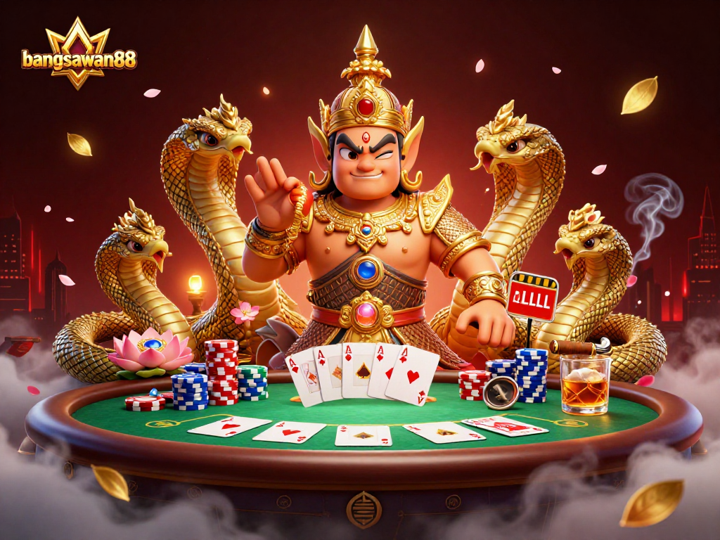 Bangsawan88 highlights a dynamic poker scene with a Thai temple guardian and vibrant casino elements.