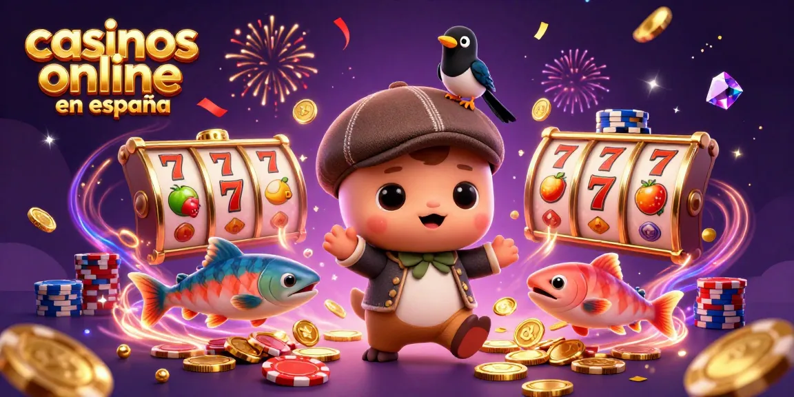 Play and win at casinos online en españa with cartoon characters celebrating by slot reels and poker chips.