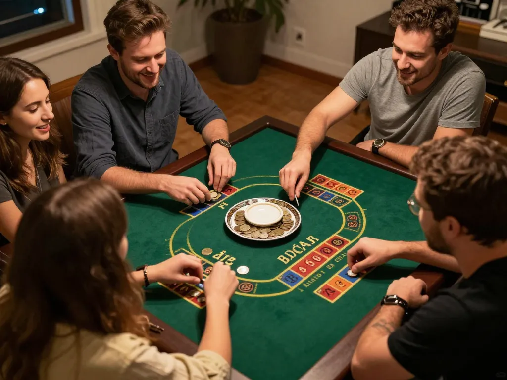 Xóc đĩa game in progress with enthusiastic players placing bets on a cozy living room table.