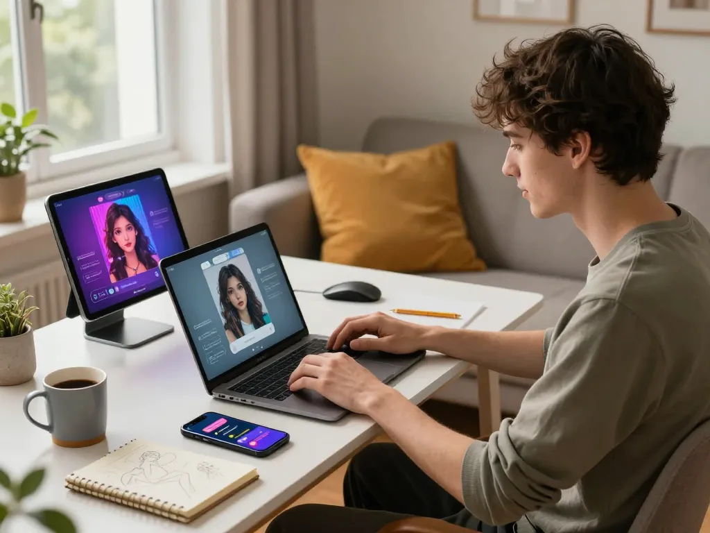 Engaging in free AI sex chat on a laptop in a cozy home workspace filled with tech gadgets and warm lighting.