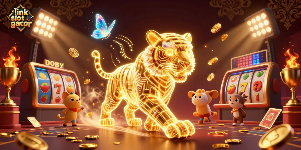 Engage in the excitement of link slot gacor with a vibrant digital casino scene featuring a golden tiger.