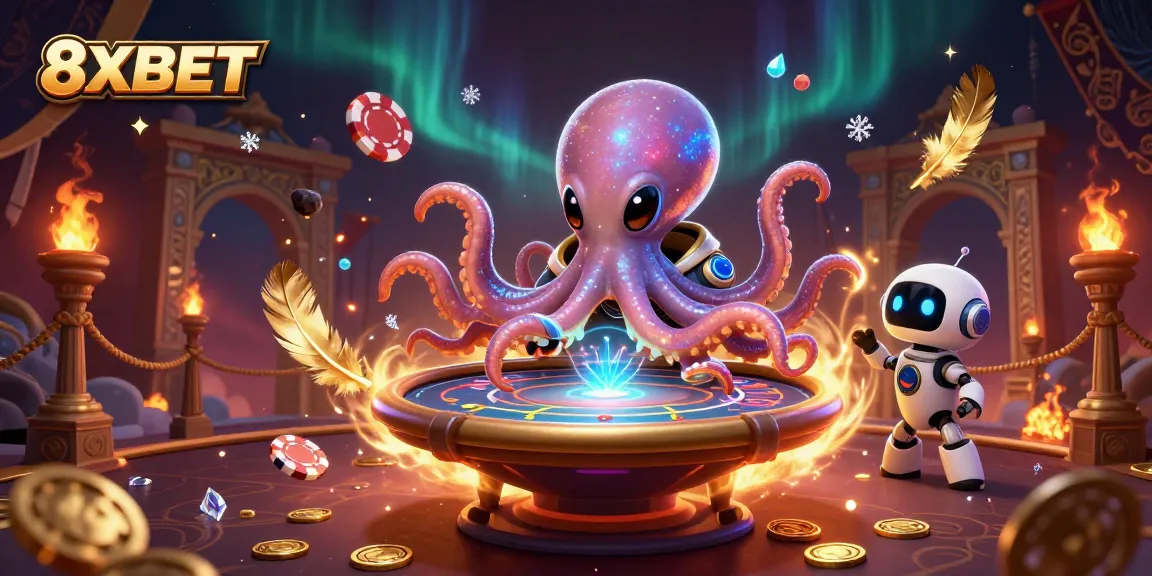 Experience thrilling poker action at 8XBET with a vibrant cosmic scene featuring an alien octopus dealer.