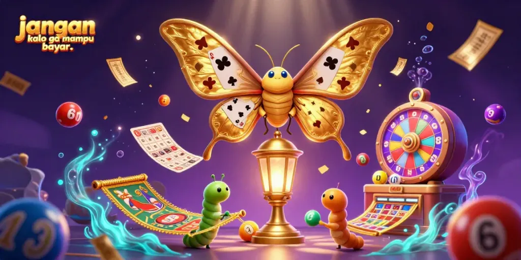 Engaging casino scene illustrating vibrant gambling elements like fish shooting games, featuring "jangan order kalo ga mampu bayar.." in the design.