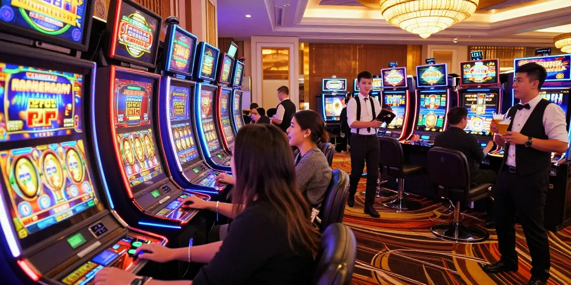 Exciting slot gacor gaming experience in a vibrant casino atmosphere, highlighting players engaging with colorful machines.