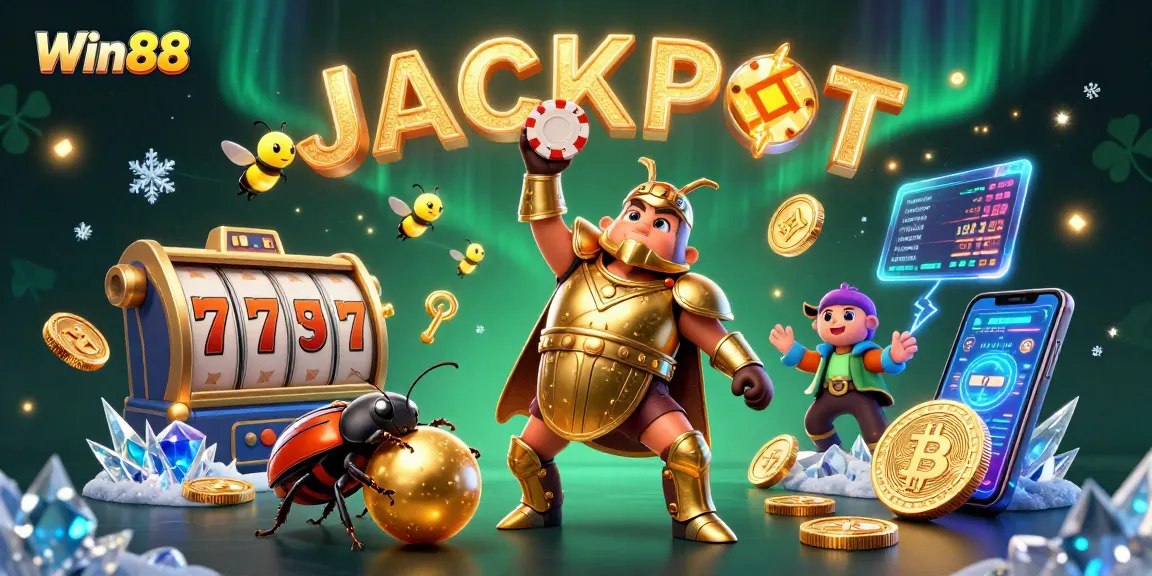 Win88 captures the excitement of gambling with 3D characters celebrating a victory, including coins and slot symbols.