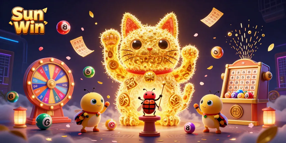 Engage with Sun Win's vibrant gaming scene featuring a lucky cat and dynamic casino elements.