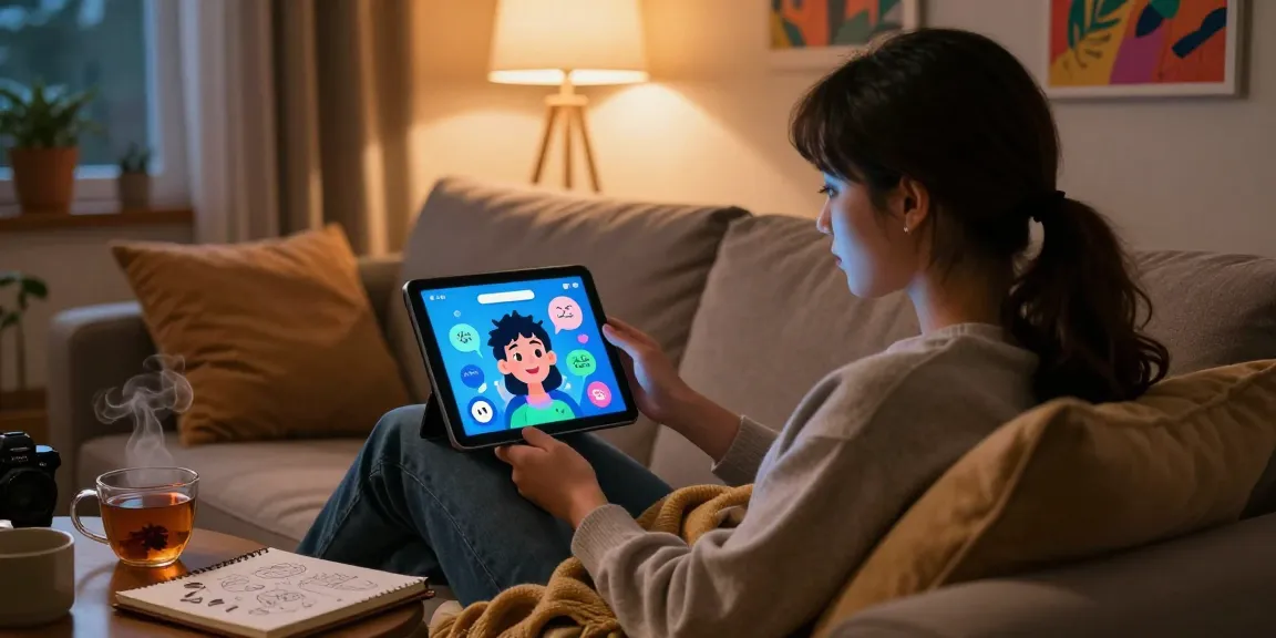 Engaging with an NSFW chat bot on a sleek tablet in a cozy atmosphere, soft lighting, and vibrant decor.