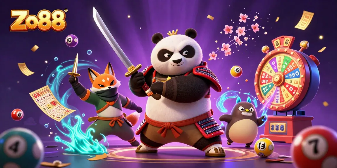 Engage with Zo88's thrilling gaming adventure featuring samurai panda and ninja fox amid a vibrant casino backdrop.