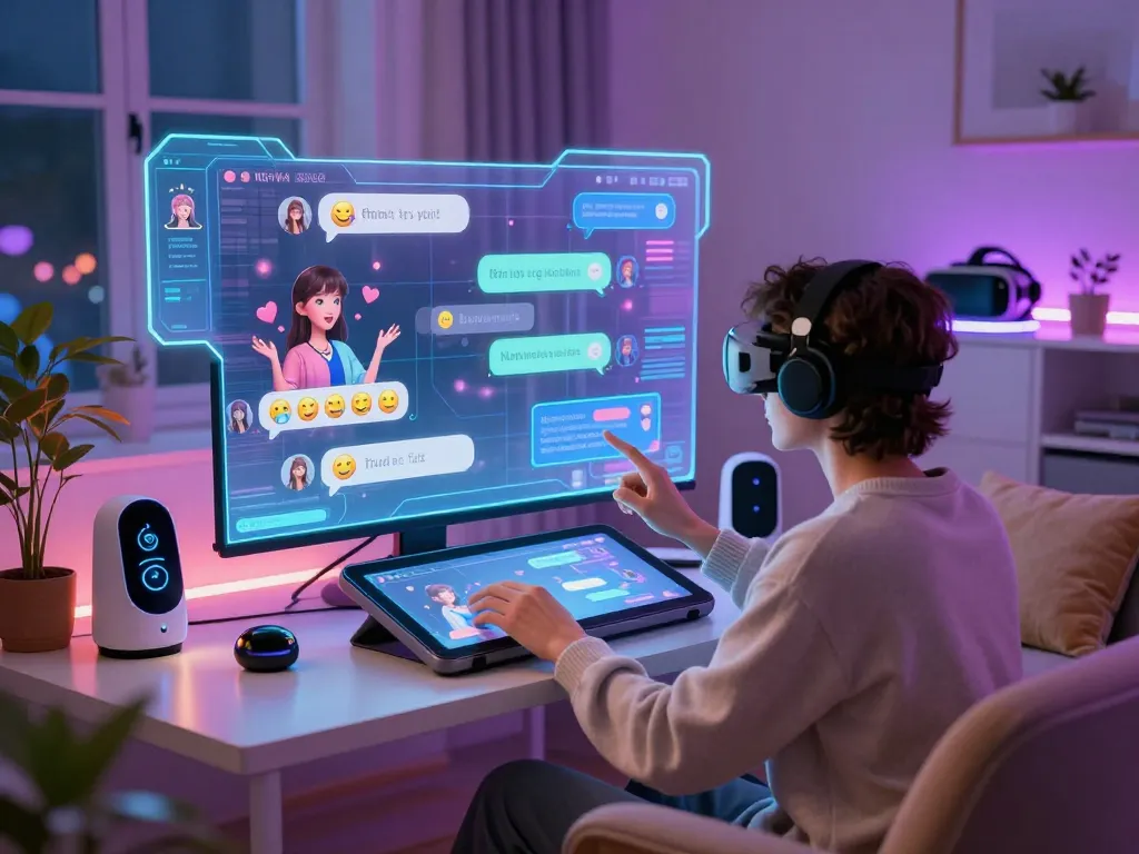 Engaging AI chat nsfw conversation with interactive digital avatars, cozy atmosphere, and modern tech elements.