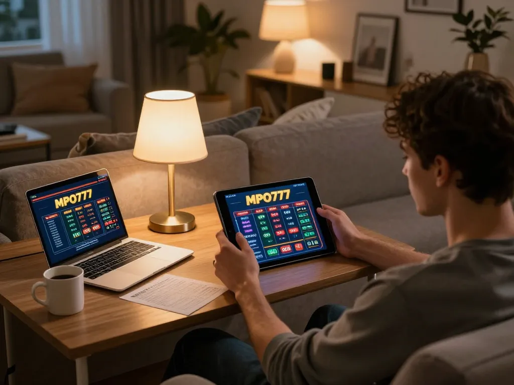 Pemain MPO777 yang fokus pada permainan selama sesi taruhan di rumah yang nyaman dengan tablet dan catatan.