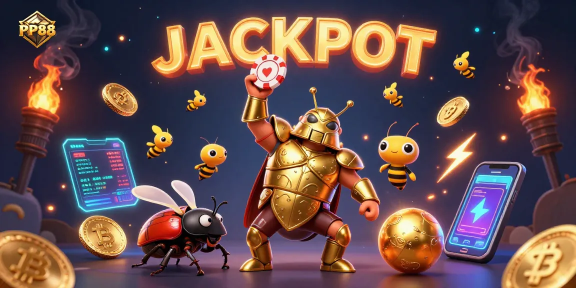 Experience big wins at PP88 with a golden beetle revealing a jackpot in a vibrant casino scene.