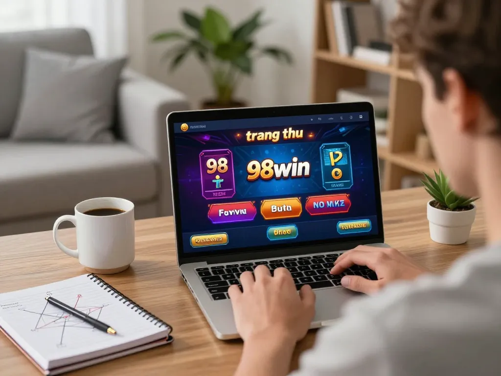 Player enjoying online casino gaming at 98win trang chu with vibrant interface in a cozy setting.