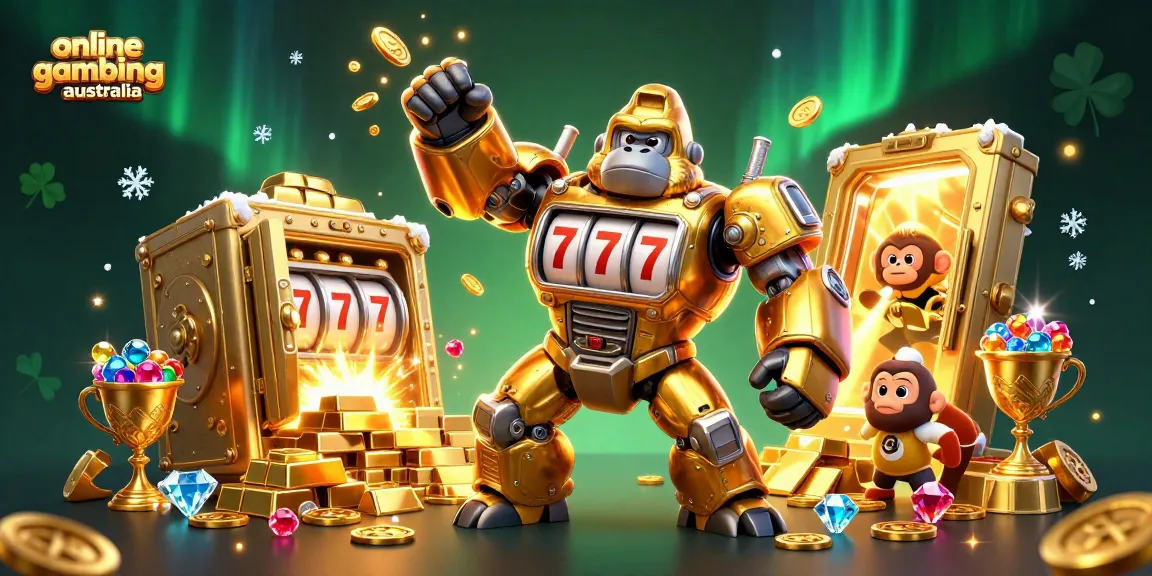 Experience the thrill of online gambling australia with a dynamic 3D illustration featuring a golden gorilla mech and rich treasure elements.