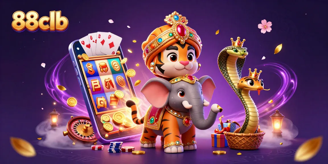 88clb tiger riding an elephant in a vibrant casino-themed scene full of excitement.