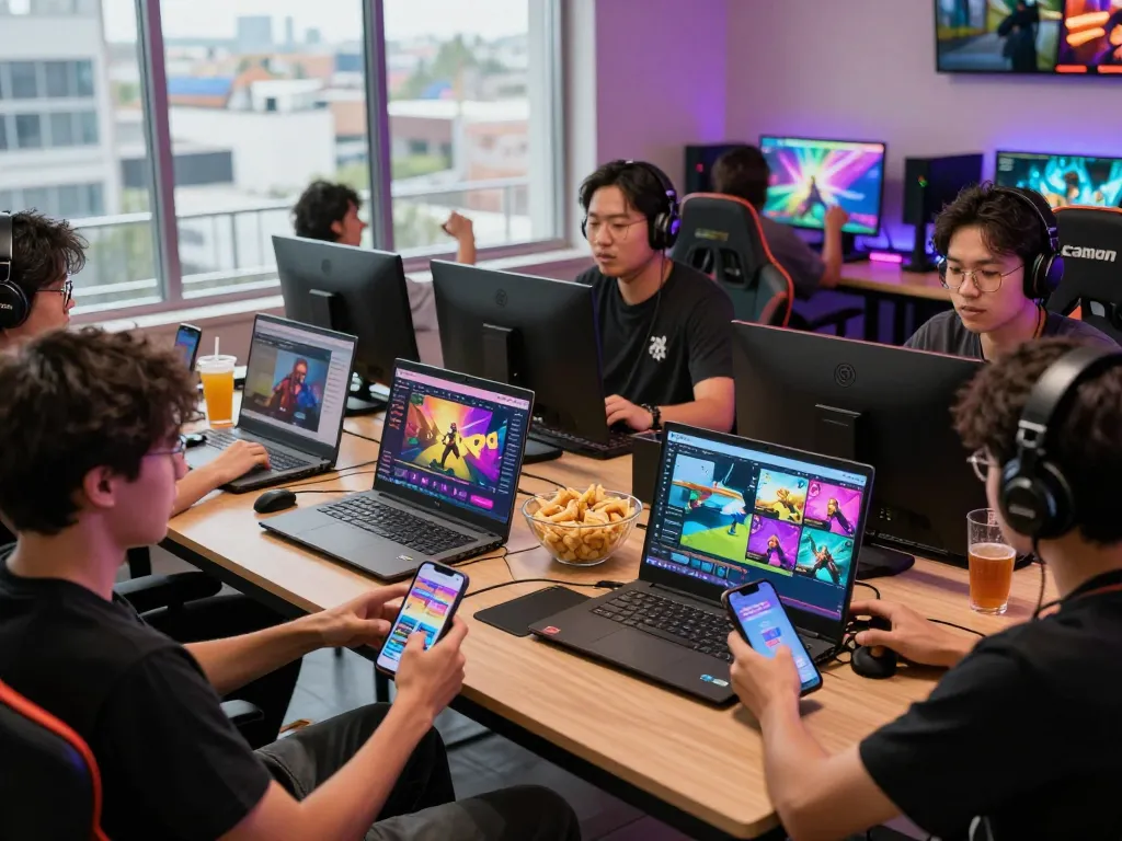 Hitclub gaming enthusiasts playing online games on multiple devices in a vibrant and energetic environment.