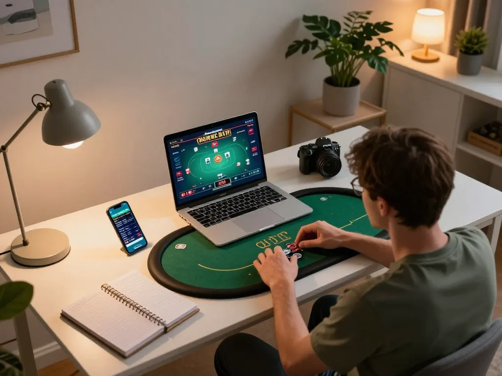 Engaged in online poker gameplay with nhacaiuytin at a cozy home setup showcasing strategy notes.
