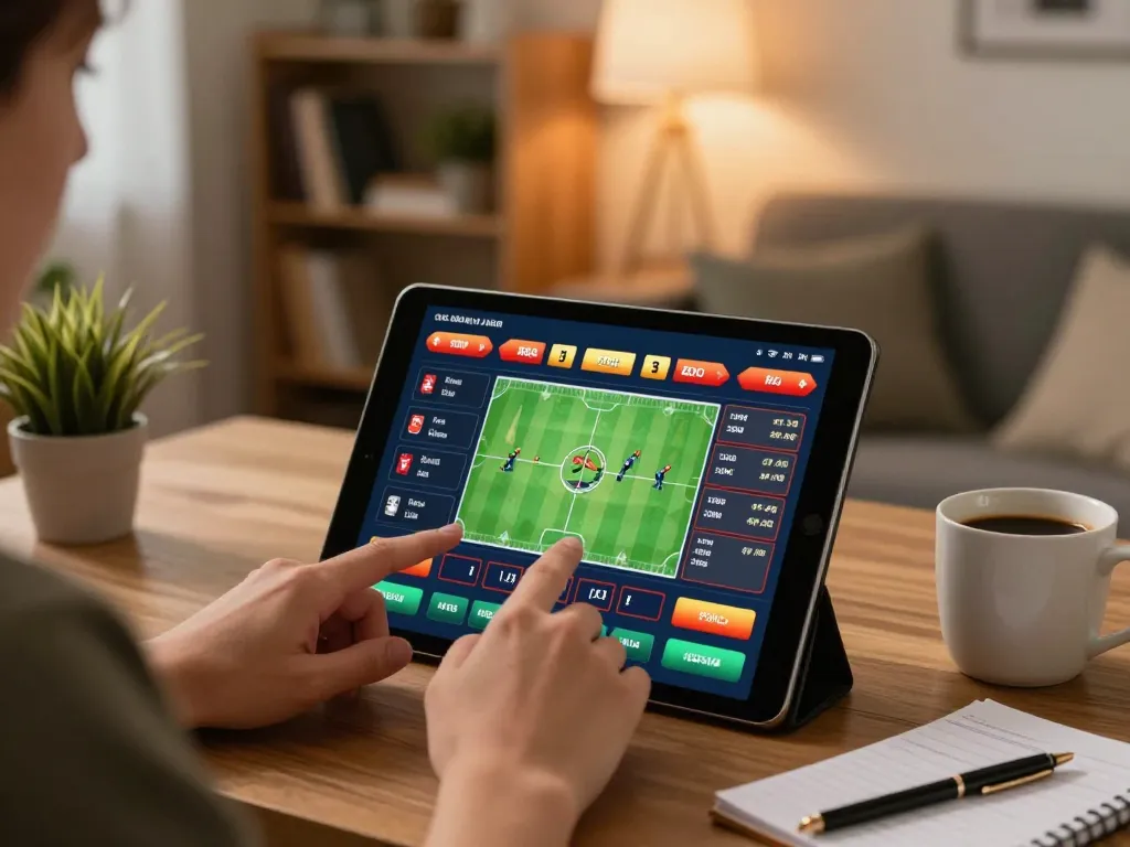 SC88 player engaging with online sports betting on tablet from a cozy home setup.