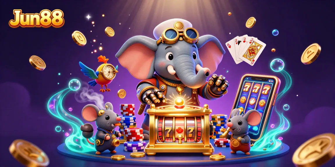 Experience dynamic gaming moments with Jun88's steampunk elephant engineer operating golden slot machines.