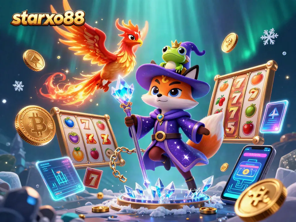 Engage with starxo88, showcasing a magical casino scene with a wizard and vibrant game elements.