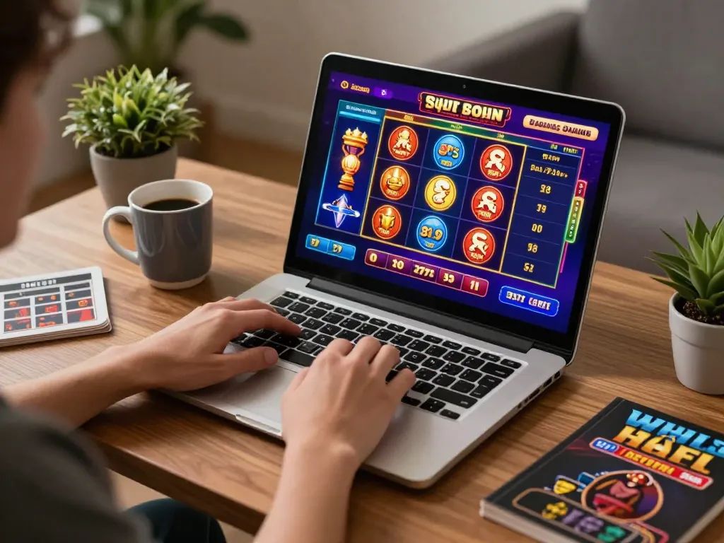 Player engaging with 3win online casino games on a laptop, showcasing vibrant gameplay interface.