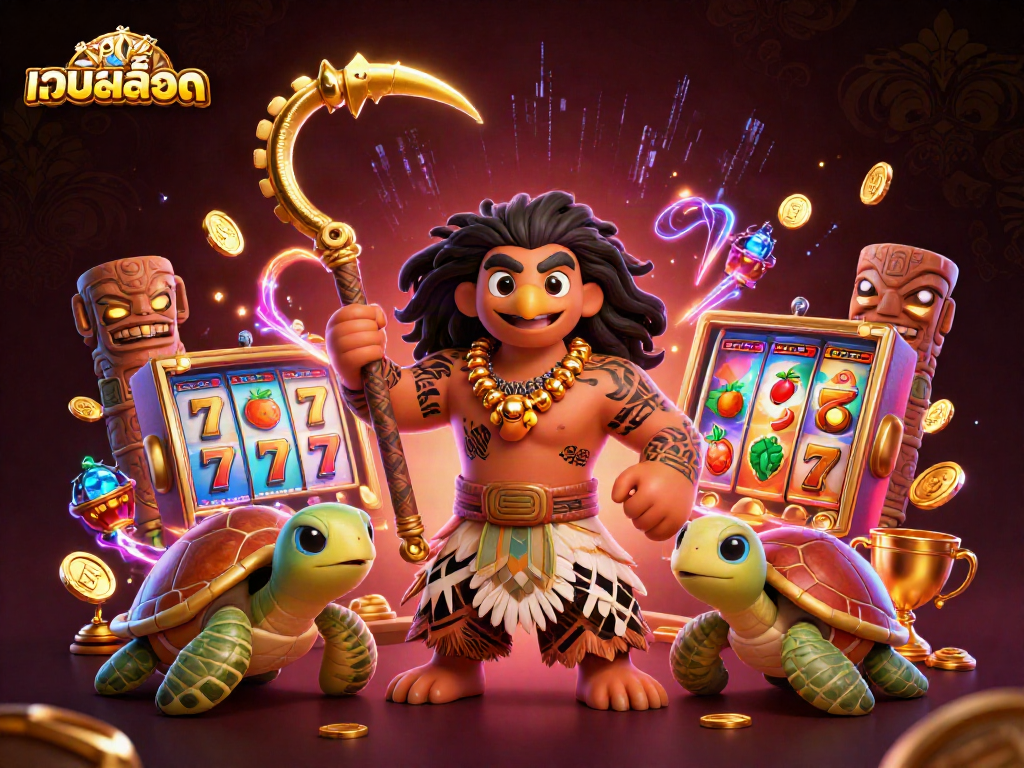 Play เว็บสล็อต with exciting slot reels and vibrant casino characters in a 3D scene.