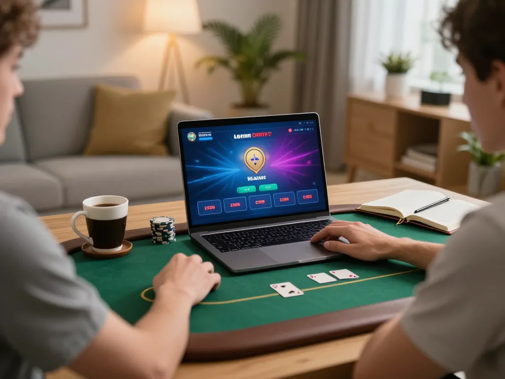 Iwin online poker gameplay on a laptop in a cozy home setting with warm lighting