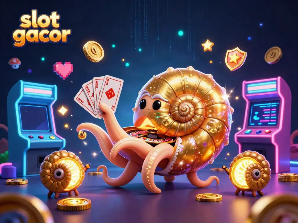 Visualisasi permainan slot gacor dengan nautilus raksasa dan mesin permainan, mengundang keberuntungan.