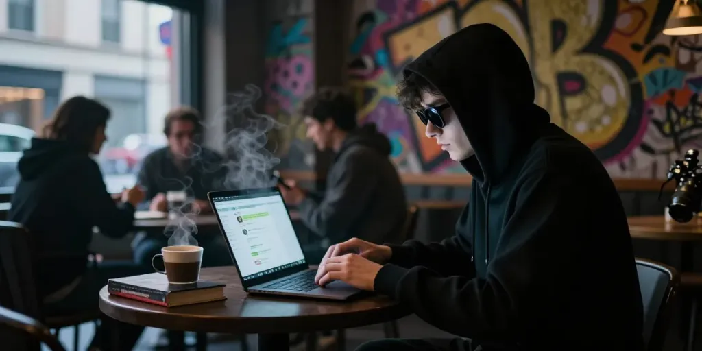 Engaging dark web scene featuring a user on a laptop exploring hidden wiki dark web, cozy café atmosphere.