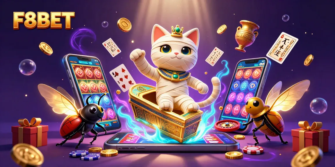 Experience the thrill of F8BET with a vibrant 3D illustration of a mummy cat and casino elements.