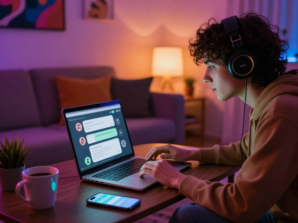 Engaging with nsfw ai chatbot on a laptop in a cozy, illuminated room, highlighting modern technology and interaction.