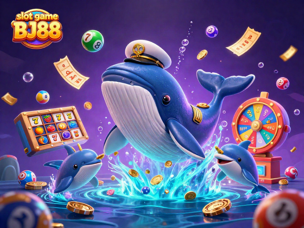 Engage with the slot game BJ88 featuring a digital illustration of a playful casino scene with whales and dolphins.