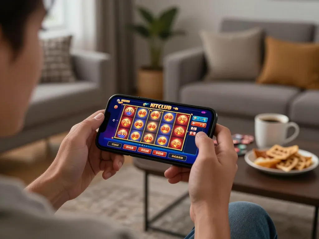 Engaging gaming scene showcasing HITCLUB casino app on smartphone, person enjoying online gaming.