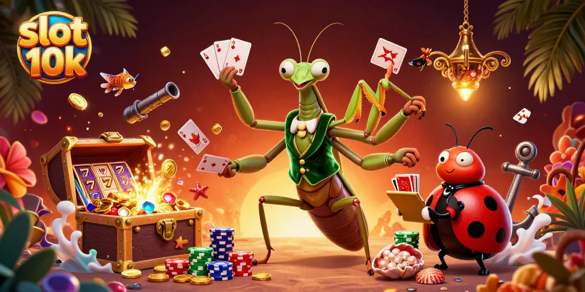 Engage in slot 10k games with vibrant characters, cards, and treasures in a dynamic casino scene.