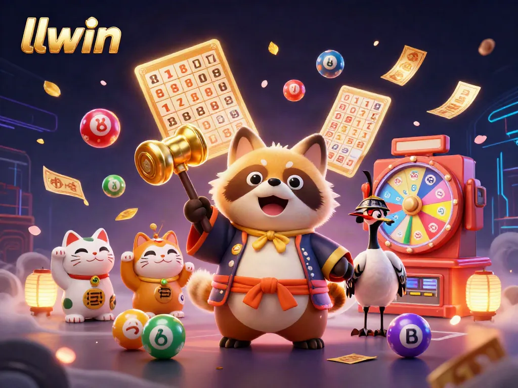 Experience the excitement of llwin with a vibrant 3D casino scene featuring a cheerful tanuki and lucky symbols.