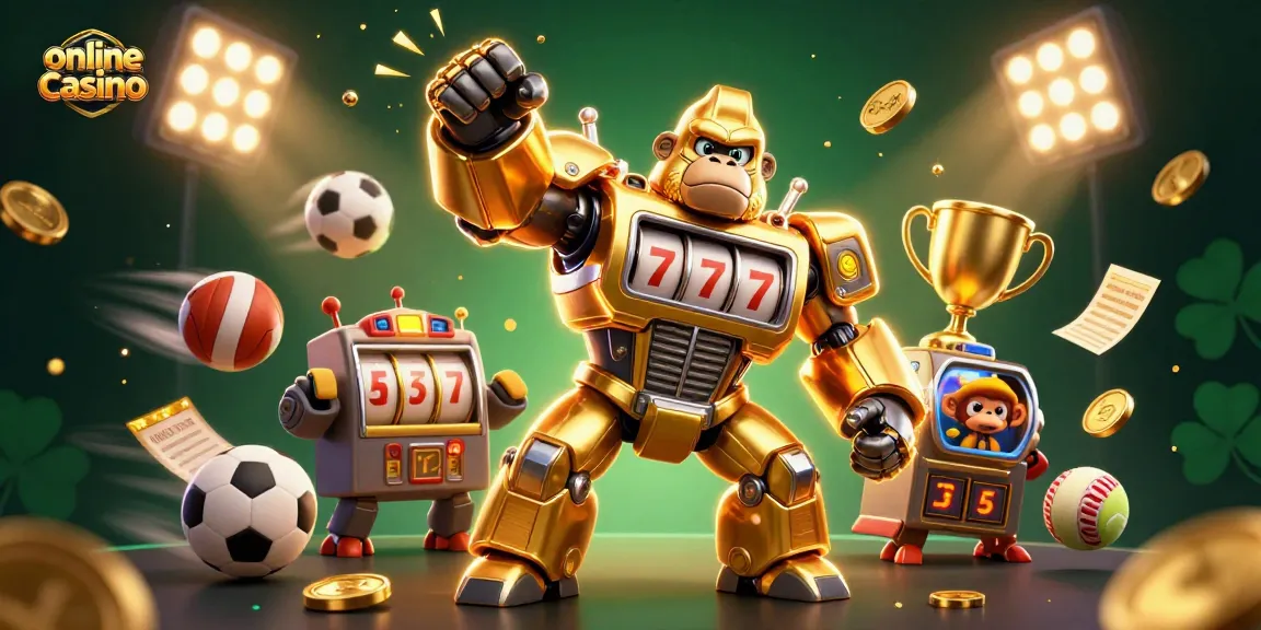 Engage with the excitement of an online casino featuring a dynamic golden gorilla mech and sports elements.