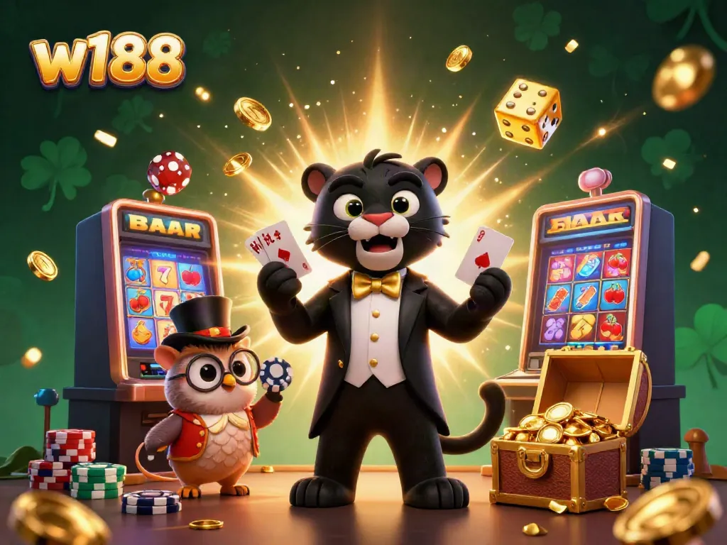 Experience thrilling gaming at w188 with our lively 3D casino illustration of a panther dealer and friends.