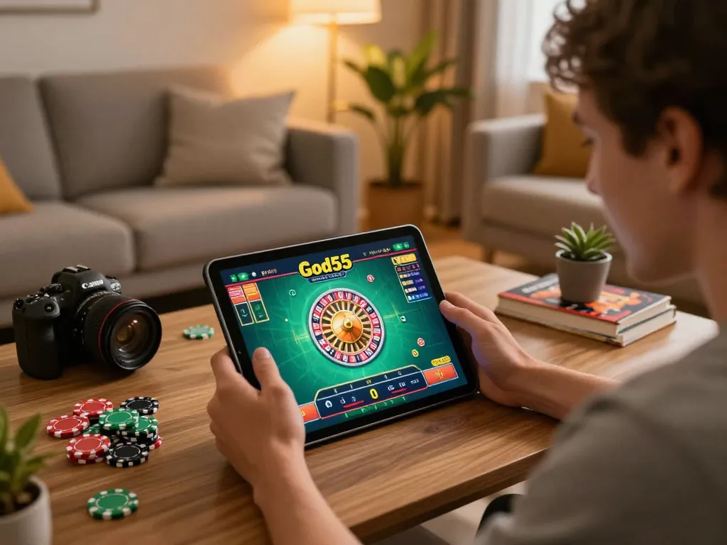 Engaging gameplay at God55 casino online as a player interacts with a roulette game on a tablet in a cozy setting.