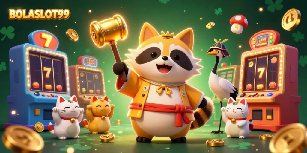 Experience excitement with BOLASLOT99 as cheerful characters celebrate winning at a vibrant casino-themed illustration.
