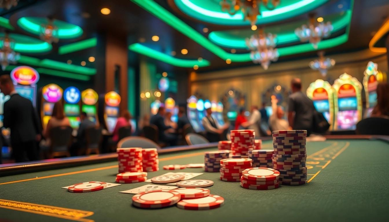Engaging scene at a casino featuring w88cas.com gaming tables with vibrant chips and lively players.