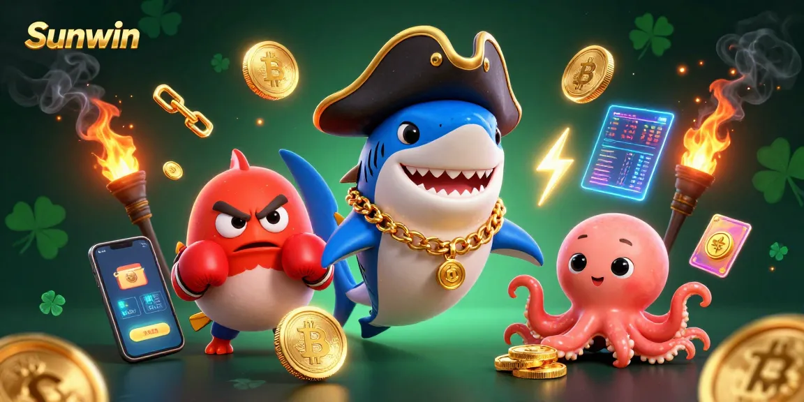Engage in thrilling adventures with Sunwin, featuring a shark pirate and adorable sea friends surrounded by gold coins.
