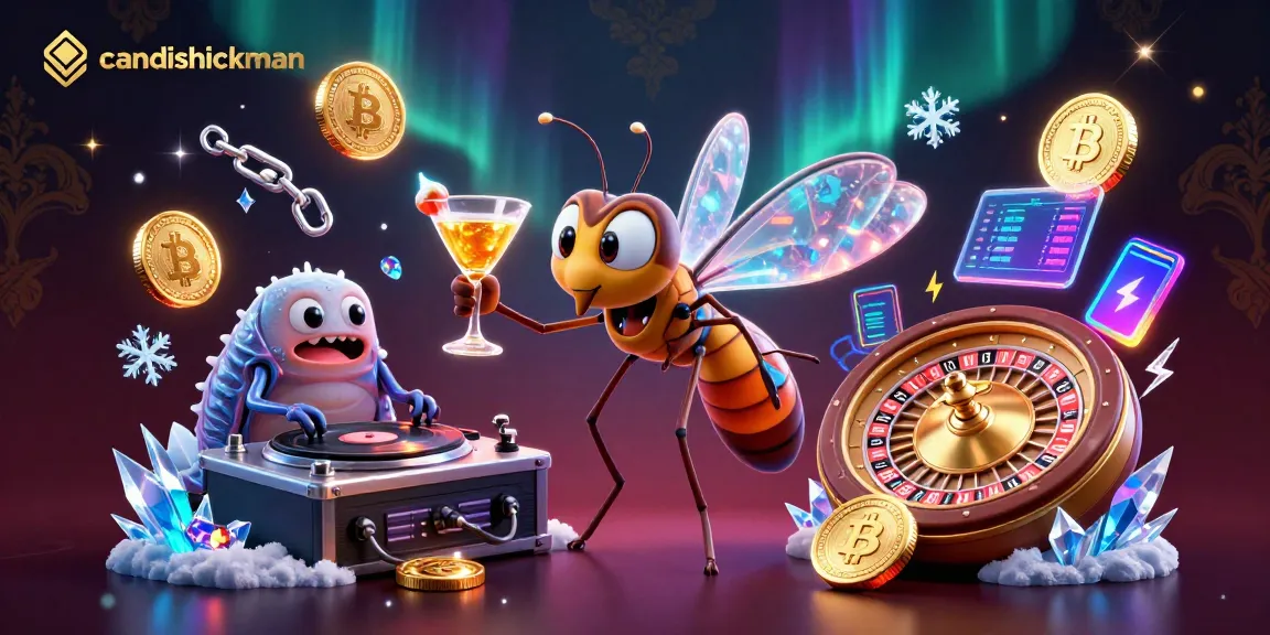 Play exciting casino games with candishickman, showcasing a dynamic scene with vibrant 3D characters and cryptocurrency elements.