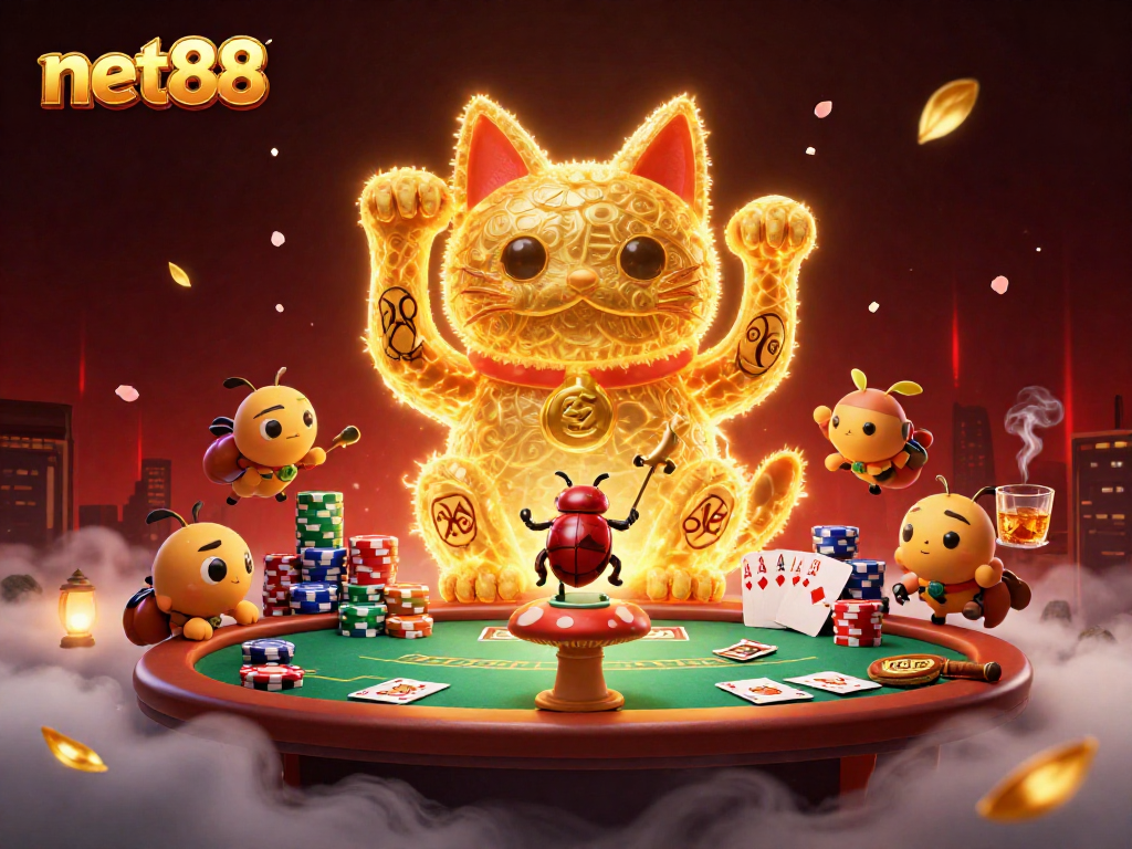 Experience the magic of net88 with a vibrant lucky cat and poker elements in a captivating 3D scene.