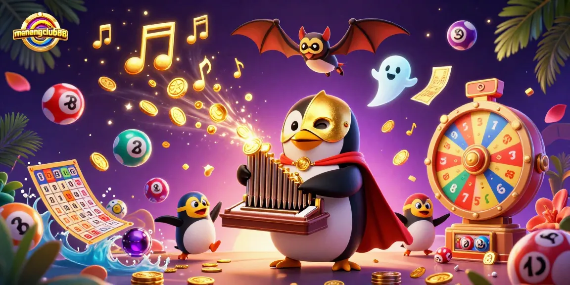 Experience the thrill of menangclub88 with a penguin organist and golden musical notes.