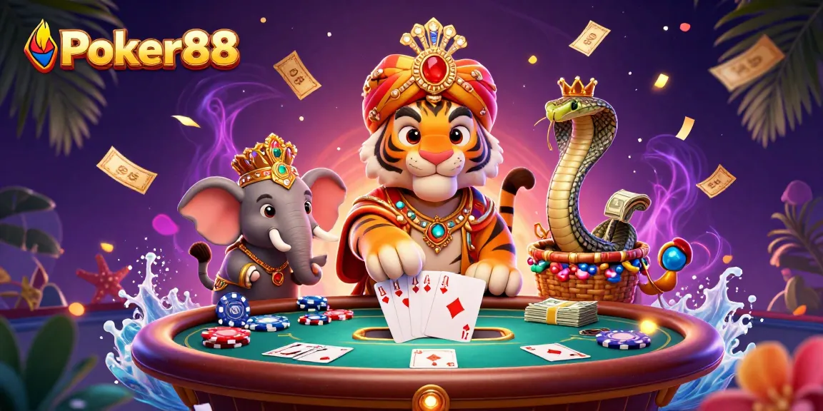 Experience Poker88 excitement with a vibrant scene featuring a majestic tiger and poker elements.