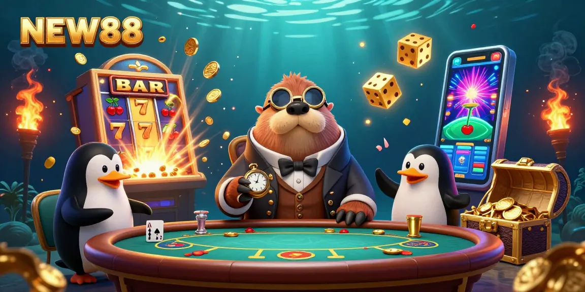 Engage with NEW88's vibrant underwater casino world featuring lively characters and exciting game elements.
