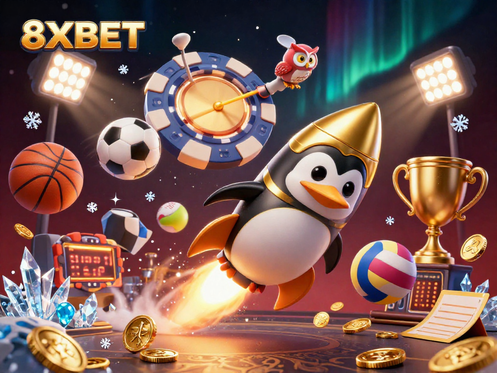 8XBET offers vibrant gameplay with a golden penguin and sports elements, capturing the thrill of online betting.