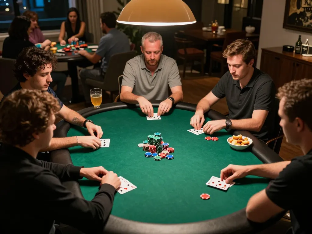 Max88 poker players strategizing in an upscale home game with vibrant chips and warm lighting