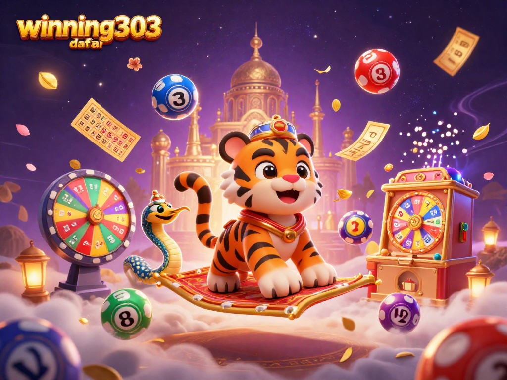 Experience the magic of winning303 daftar with a vibrant 3D casino scene featuring dynamic lottery elements.