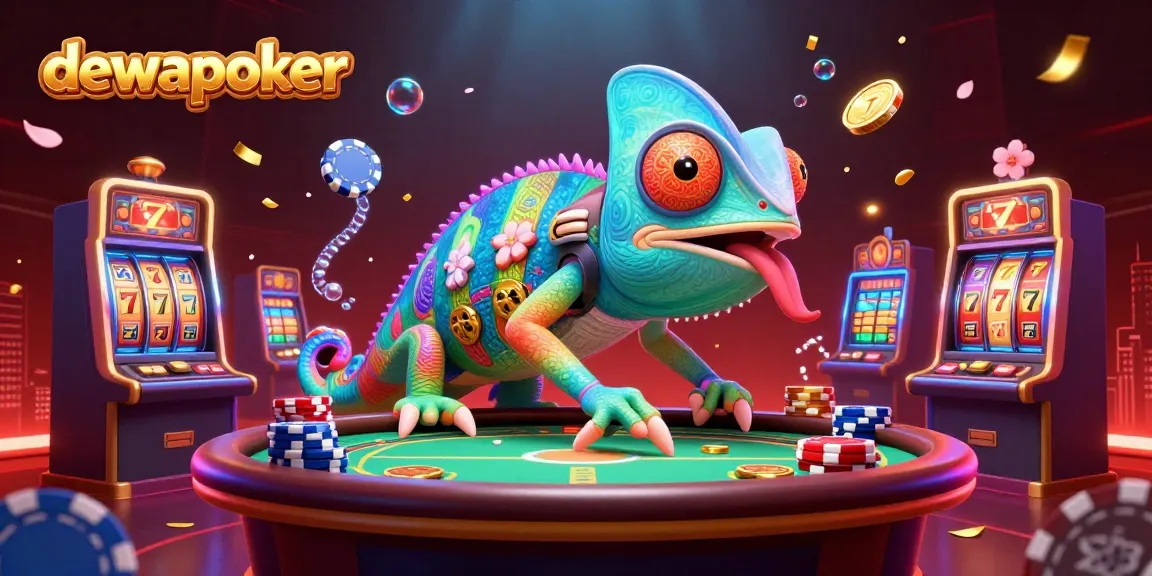 Dewapoker captures players' winnings in a vibrant 3D casino scene filled with animated slot reels and colorful characters.