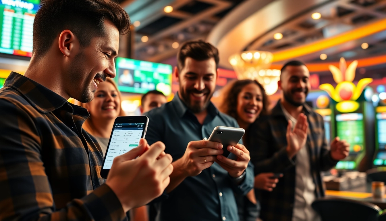 Engaging group celebrating online Betting excitement in a modern casino.